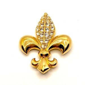 ✨VINTAGE ✨ Fleur De Lis Mardi Gras Gold Tone Rhinestone Brooch Pendant ⚜️ D022